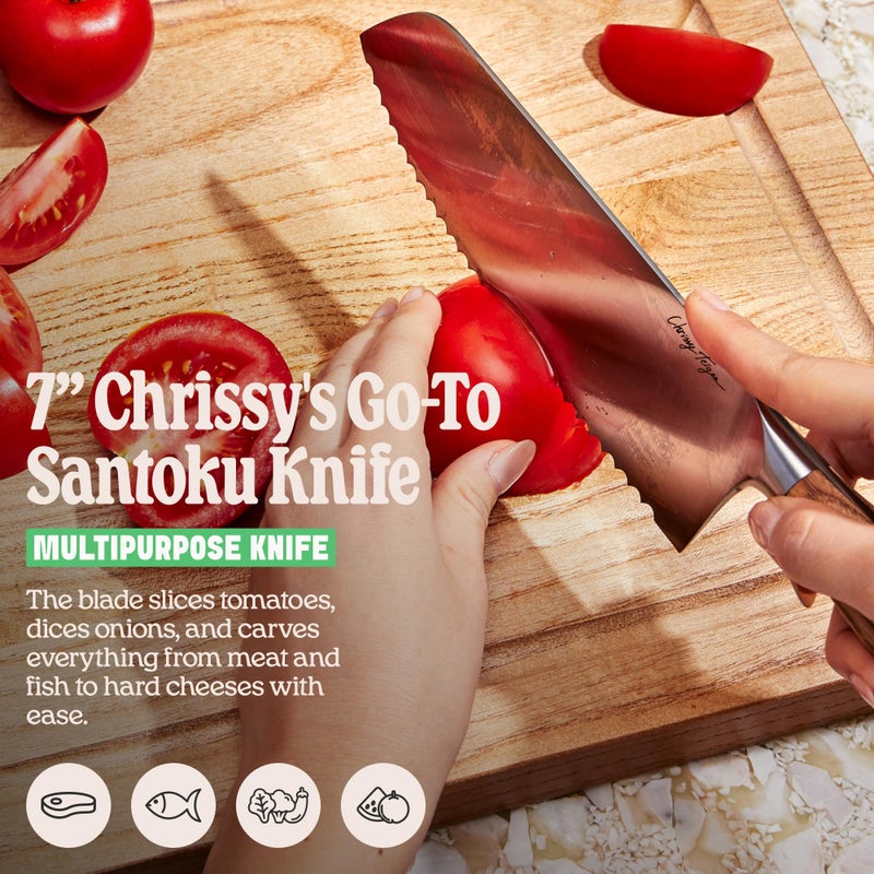 Cravings by Chrissy Teigen Cravings Go-To Santoku Knife â€“ 7-Inch Serrated Stainless Steel Blade with Organic Ashwood Handle, Ideal for Slicing, Dicing, and Carving â€“ A Must-Have Kitchen Essential by Chrissy Teigen - Image 4